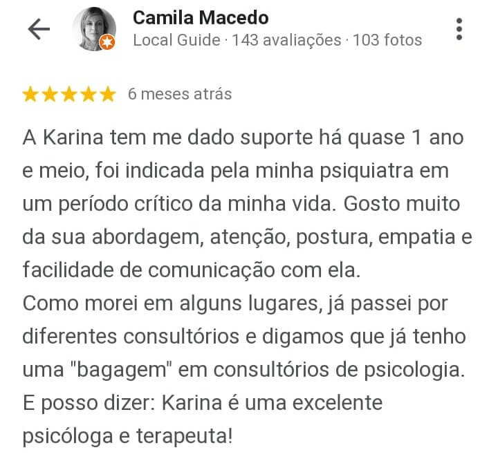 comentários de pacientes sobre a psicóloga Karina Akemi Ide